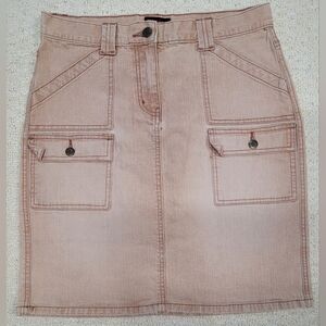 New York & Company Denim Skirt Peachy Tan 6 Cargo Utility Zipper Fly EUC